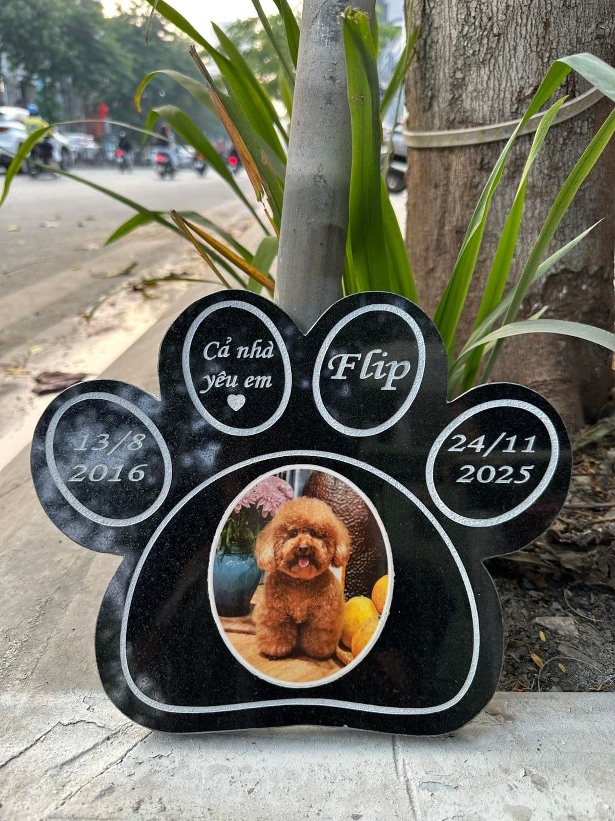 Bia mộ thú cưng hình dấu chân - khắc laser sắc nét trên đá Granite tự nhiên