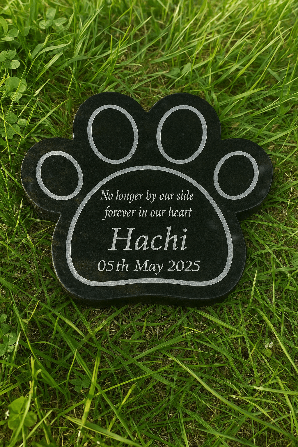 Bia mộ thú cưng hình dấu chân - khắc laser sắc nét trên đá Granite tự nhiên